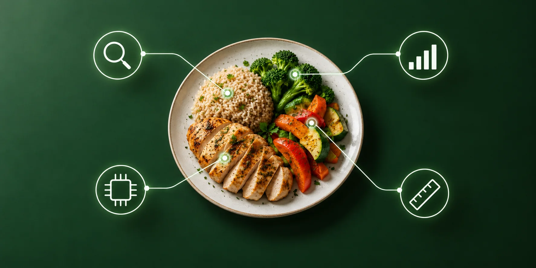 Meal ingredients connected to AI analysis icons